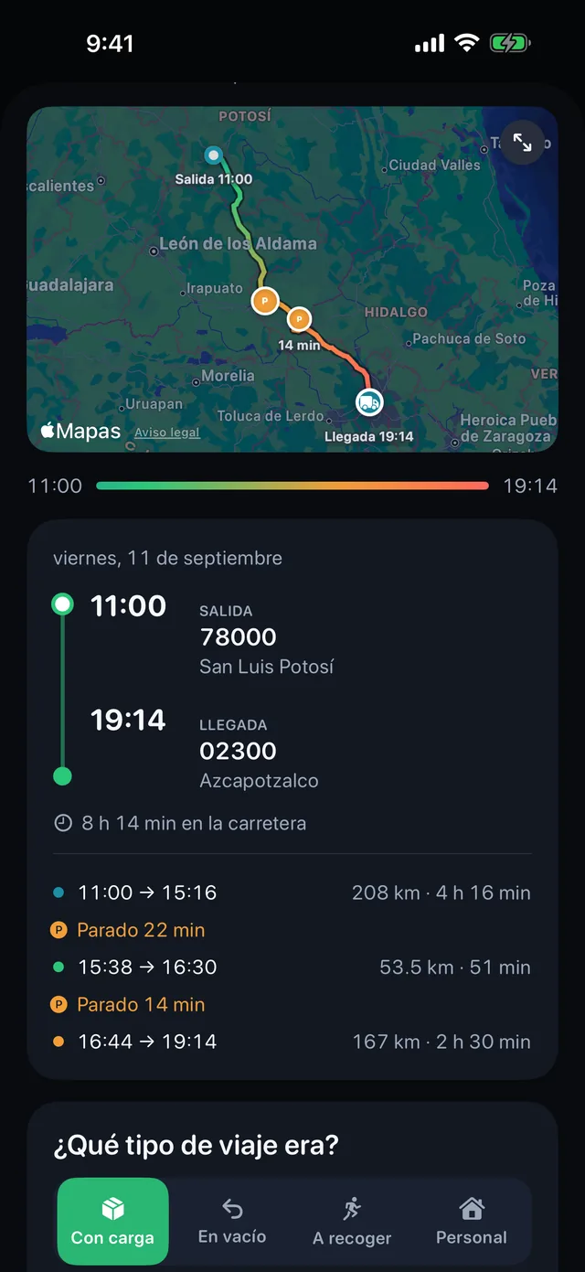 Tipo de trayecto — Con carga, vacío, hacia una recogida o personal.