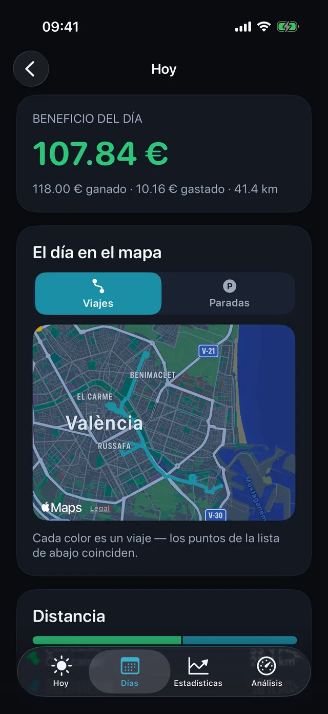 El día en el mapa — Cada color es un trayecto.
