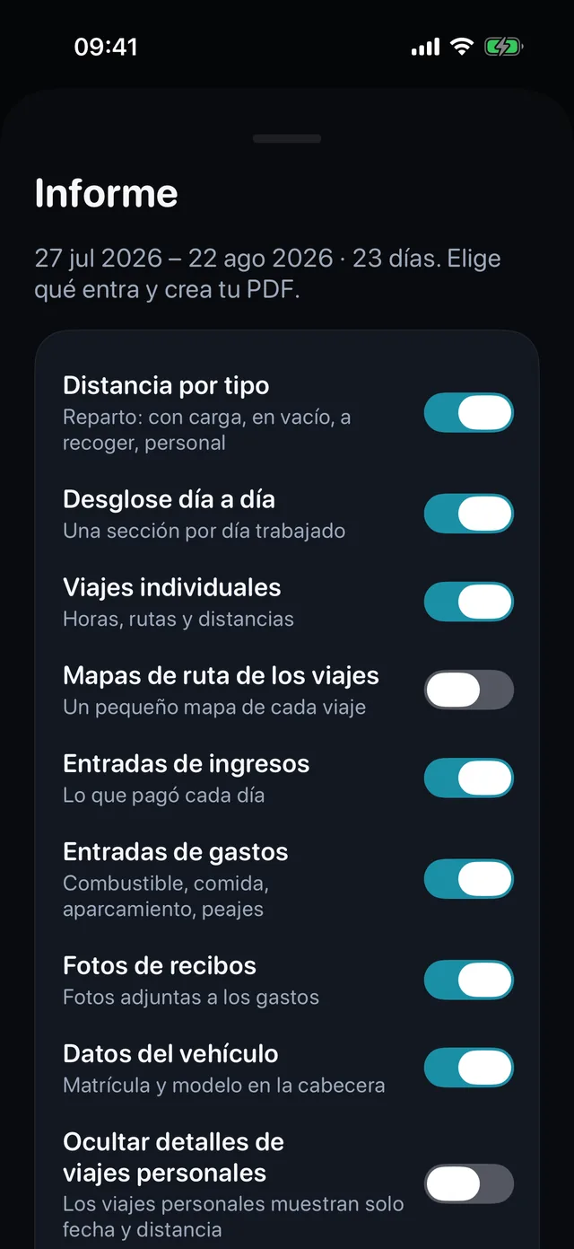 La ficha del informe: interruptores para trayectos, ingresos, gastos y fotos de tickets, y luego el PDF.