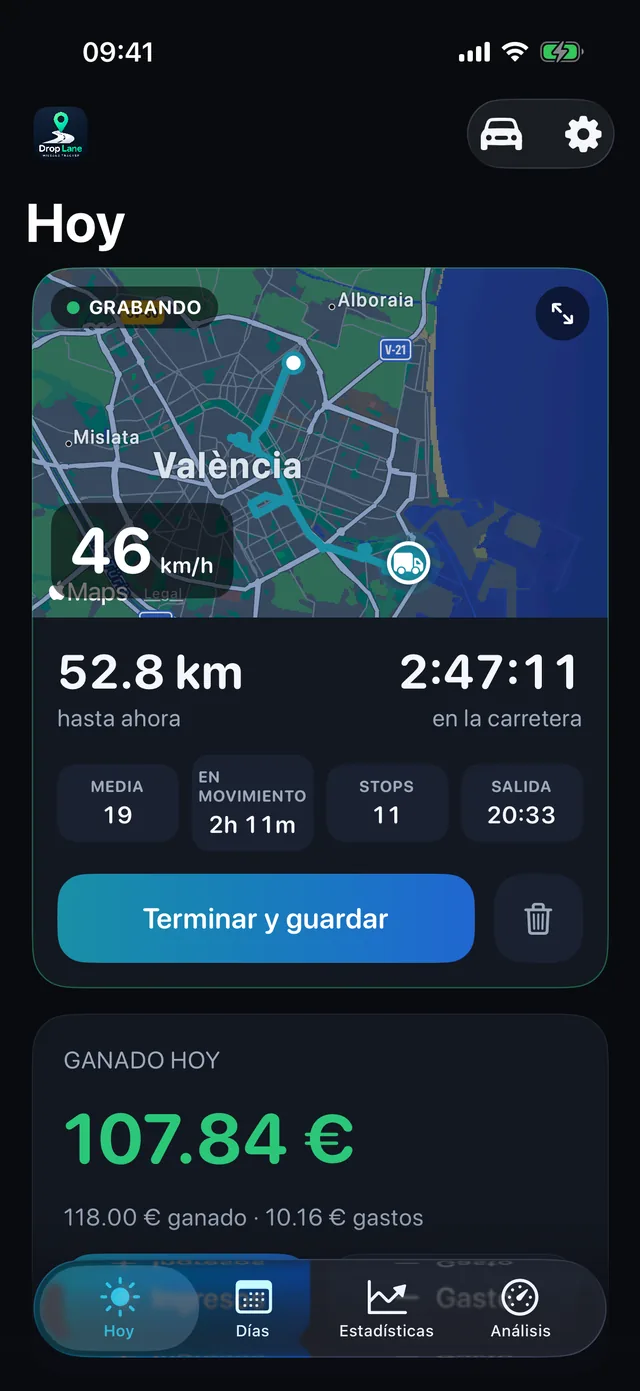 La pantalla Hoy de DropLane: un trayecto grabándose en el mapa, con la distancia, las horas y los ingresos del día.