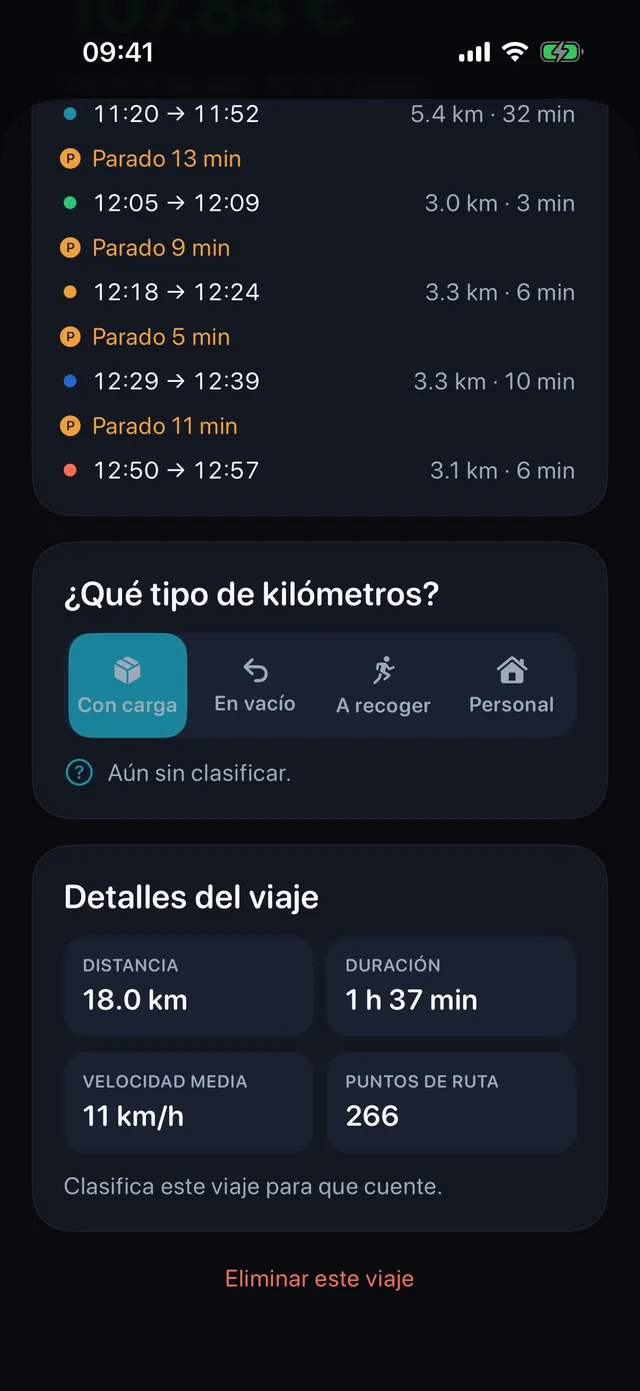 Clasificar un trayecto — Trabajo, en vacío, a una recogida o personal.