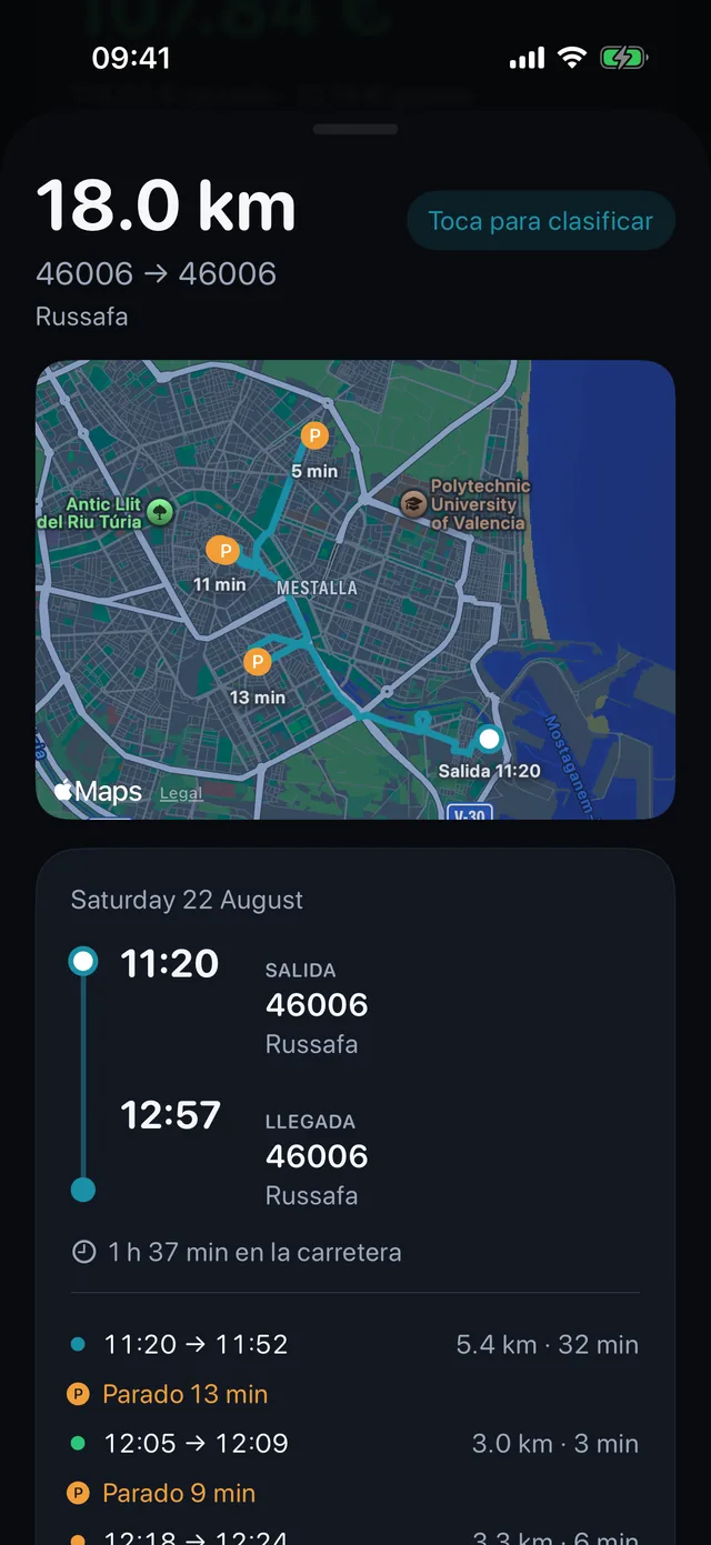 Un trayecto — Horas, paradas y qué tipo de kilómetros.