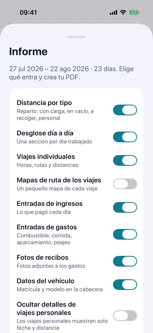 La ficha del informe: interruptores para trayectos, ingresos, gastos y fotos de tickets, y luego el PDF.
