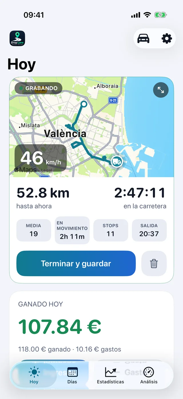 La pantalla Hoy de DropLane: un trayecto grabándose en el mapa, con la distancia, las horas y los ingresos del día.