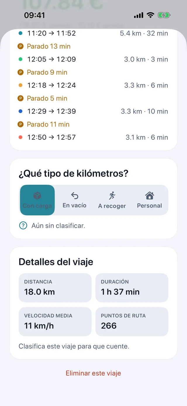 Clasificar un trayecto — Trabajo, en vacío, a una recogida o personal.