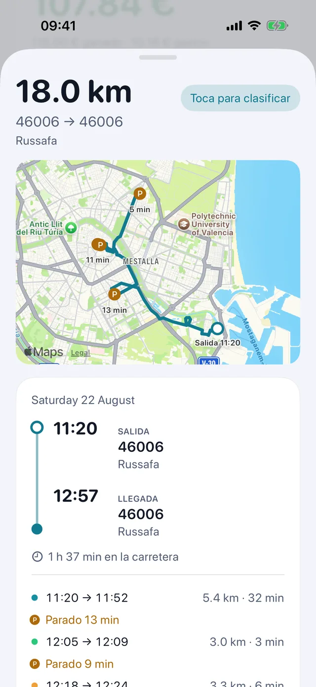 Un trayecto — Horas, paradas y qué tipo de kilómetros.