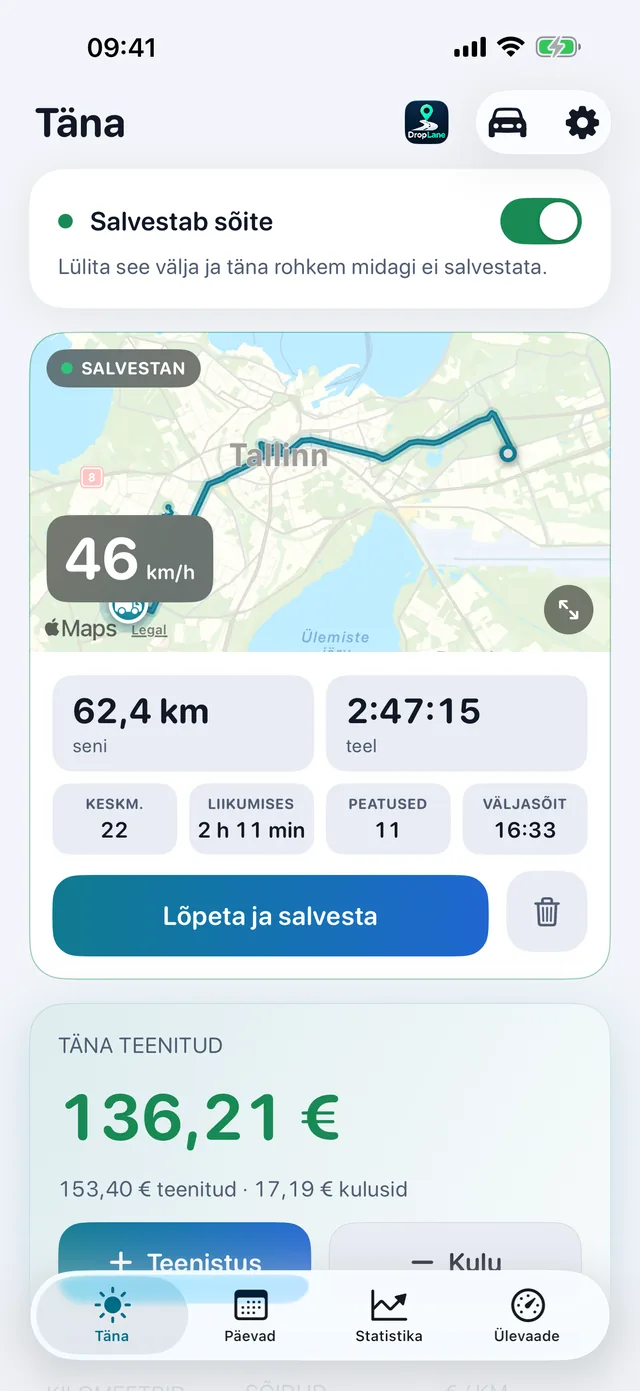 DropLane'i vaade „Täna“: kaardil salvestub sõit, lisaks päeva läbisõit, tunnid ja teenistus.