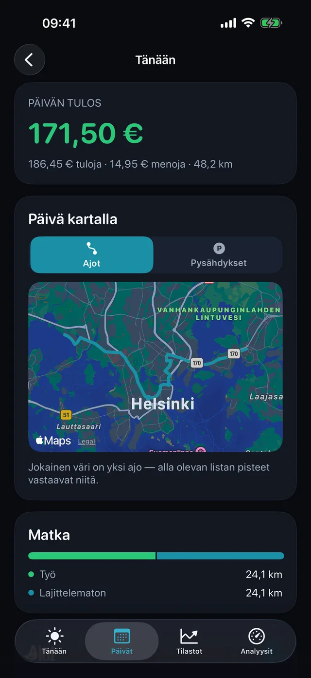 Päivä kartalla — Jokainen väri on yksi ajo.