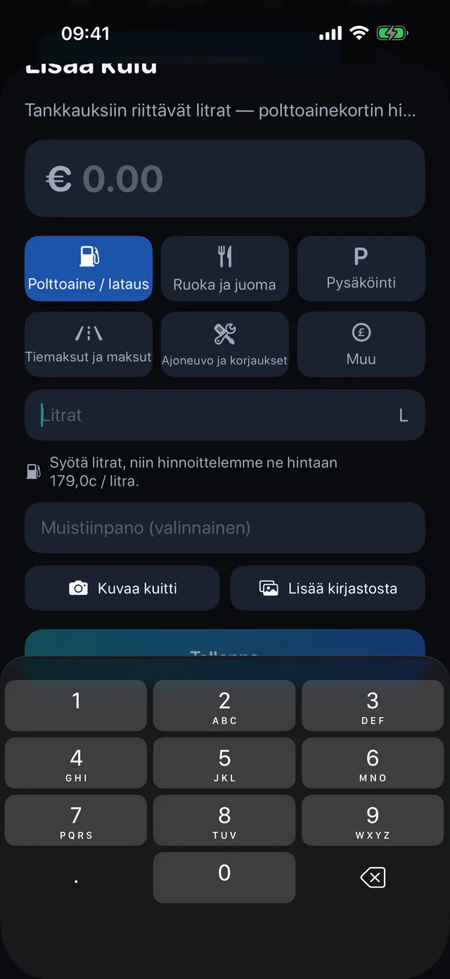 Kulut — Polttoaine, ruoka, pysäköinti, tiemaksut.