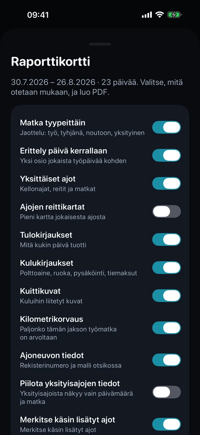Raportti rakentaa itsensä — Rastita mitä otetaan mukaan, valitse pysty tai vaaka, ja PDF kirjanpitäjälle on valmis lähetettäväksi.