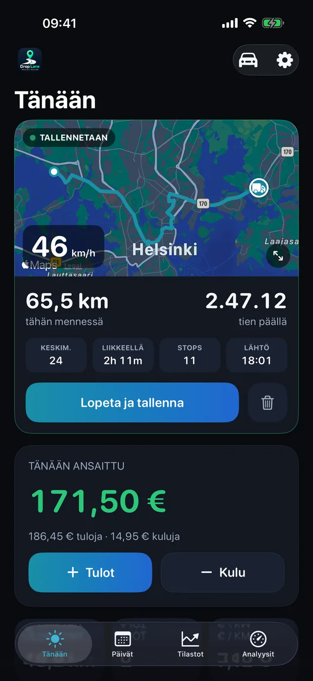 DropLanen Tänään-näyttö: ajo tallentumassa kartalle, mukana päivän matka, tunnit ja tulot.