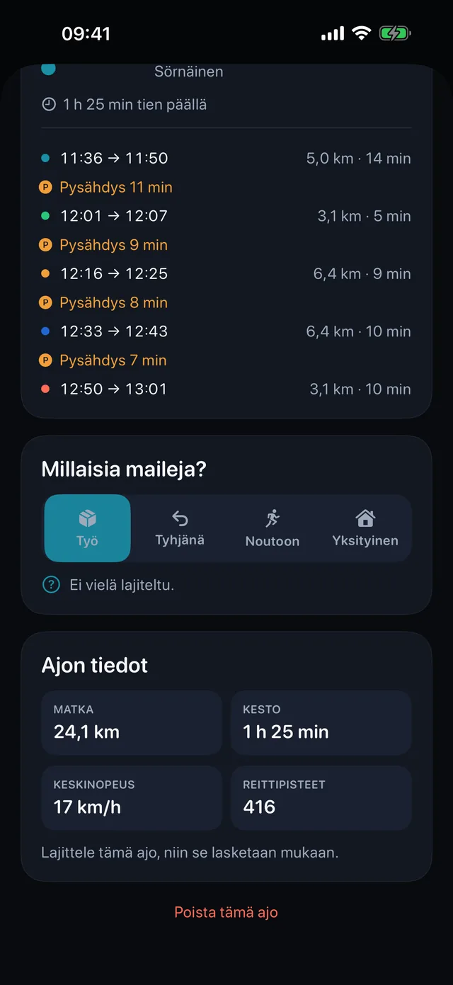 Ajon lajittelu — Työ, tyhjänä, noutoon vai yksityinen.