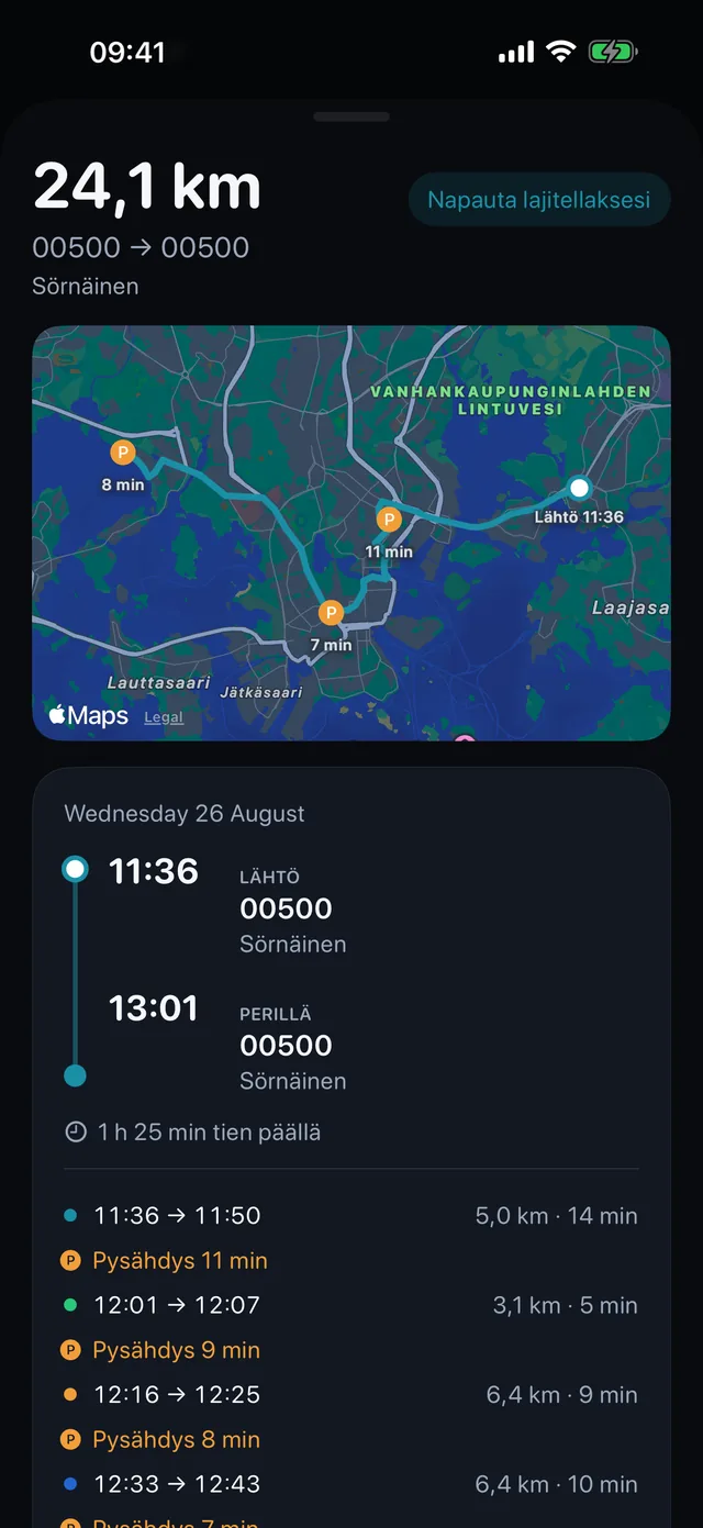 Yksi ajo — Ajat, pysähdykset ja millaisia kilometrejä.