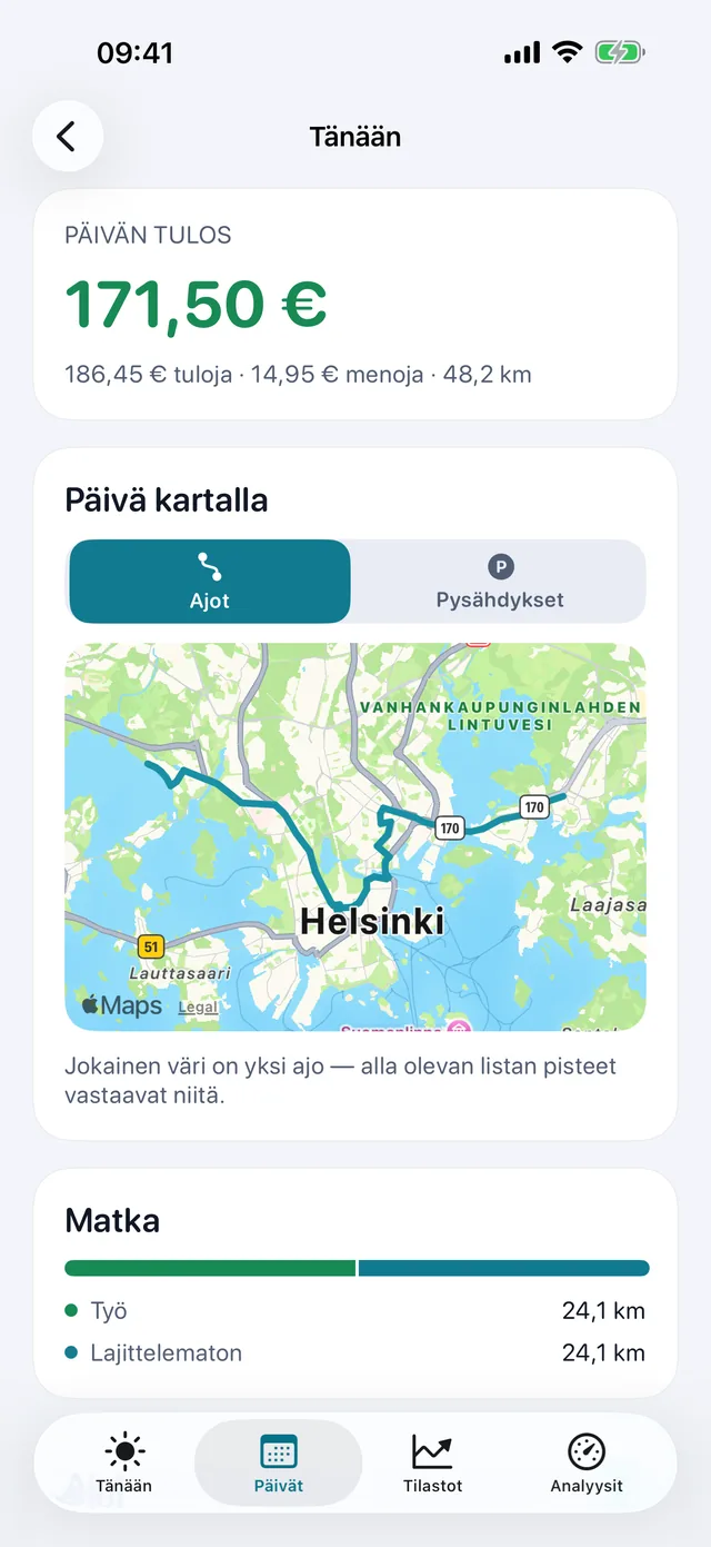 Päivä kartalla — Jokainen väri on yksi ajo.