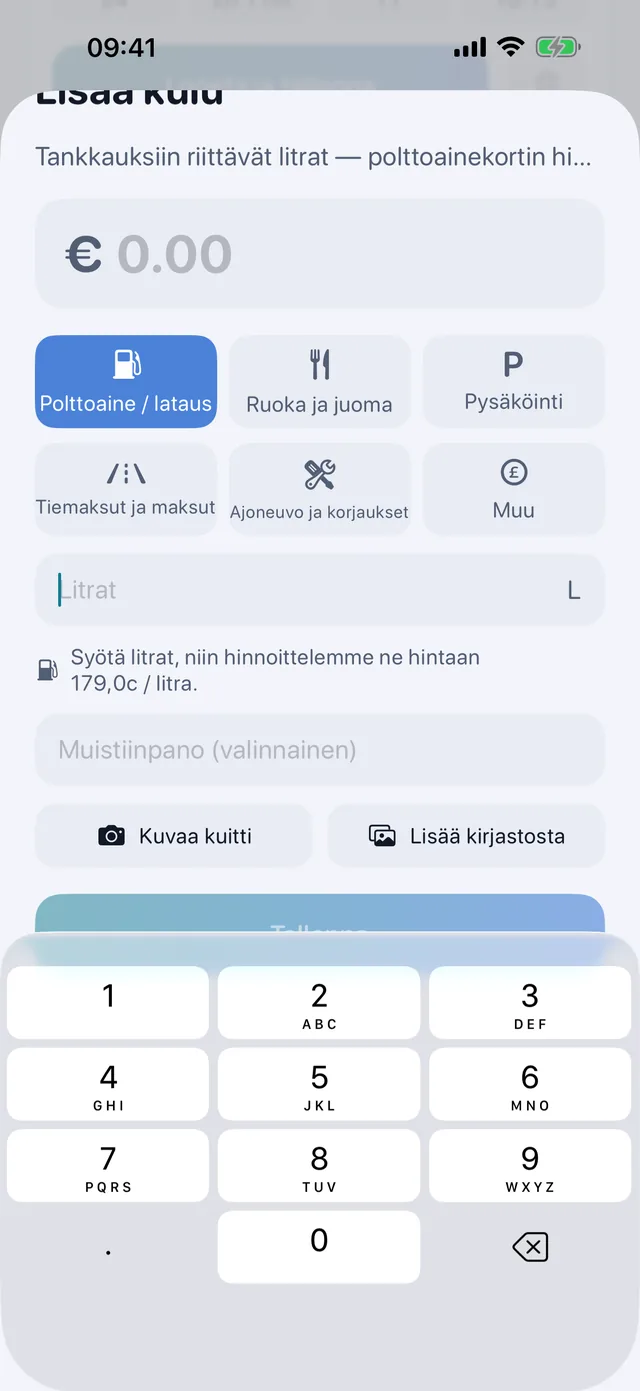 Kulut — Polttoaine, ruoka, pysäköinti, tiemaksut.