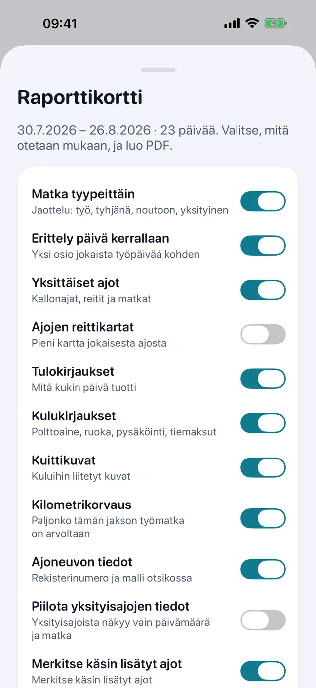 Raportti rakentaa itsensä — Rastita mitä otetaan mukaan, valitse pysty tai vaaka, ja PDF kirjanpitäjälle on valmis lähetettäväksi.