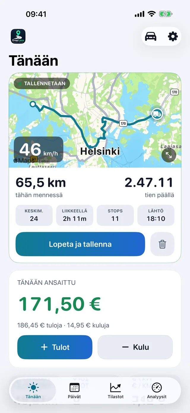 DropLanen Tänään-näyttö: ajo tallentumassa kartalle, mukana päivän matka, tunnit ja tulot.