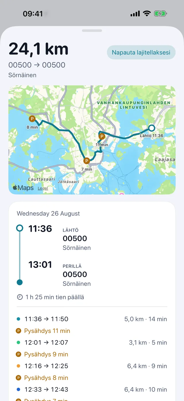 Yksi ajo — Ajat, pysähdykset ja millaisia kilometrejä.