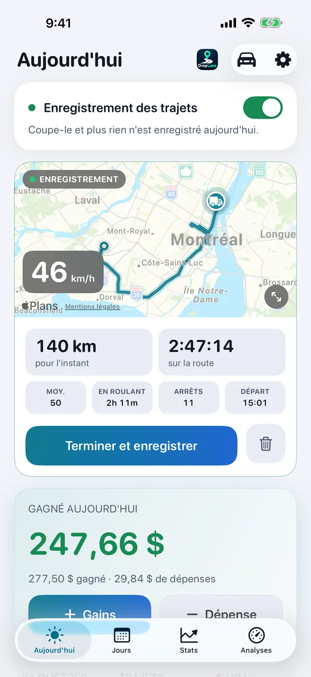 L'écran Aujourd'hui : le trajet qui s'enregistre et ce qui a été gagné aujourd'hui.