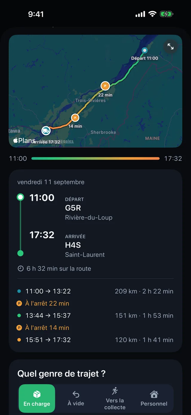 Type de trajet — Chargé, à vide, vers une cueillette ou personnel.