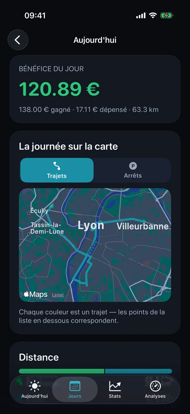 La journée sur la carte — Chaque couleur est un trajet.