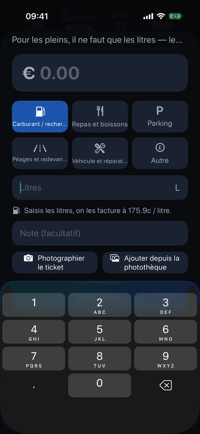 Frais — Carburant, repas, stationnement, péages.