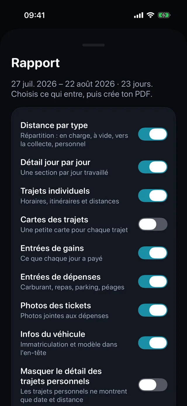 La fiche de rapport : interrupteurs pour trajets, recettes, frais et photos de reçus, puis le PDF.