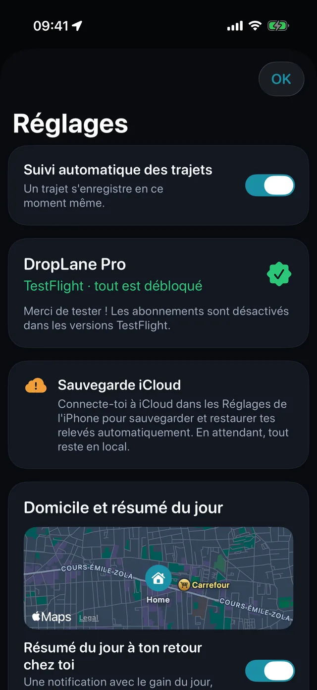 Réglages — Kilomètres ou miles. Clair ou sombre.