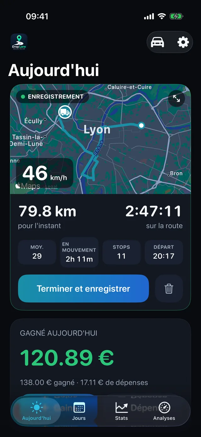 L'écran Aujourd'hui de DropLane : un trajet en cours d'enregistrement sur la carte, avec la distance, les heures et les recettes du jour.