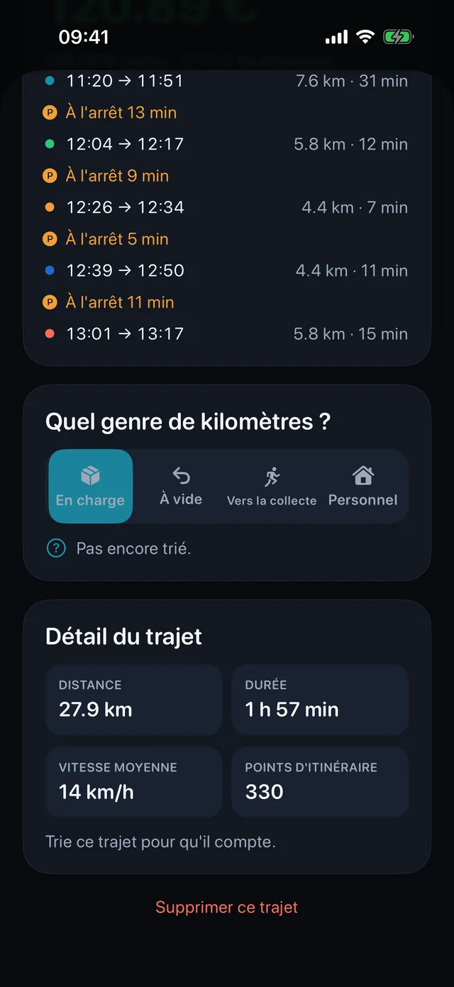 Trier un trajet — Professionnel, à vide, vers un enlèvement ou personnel.