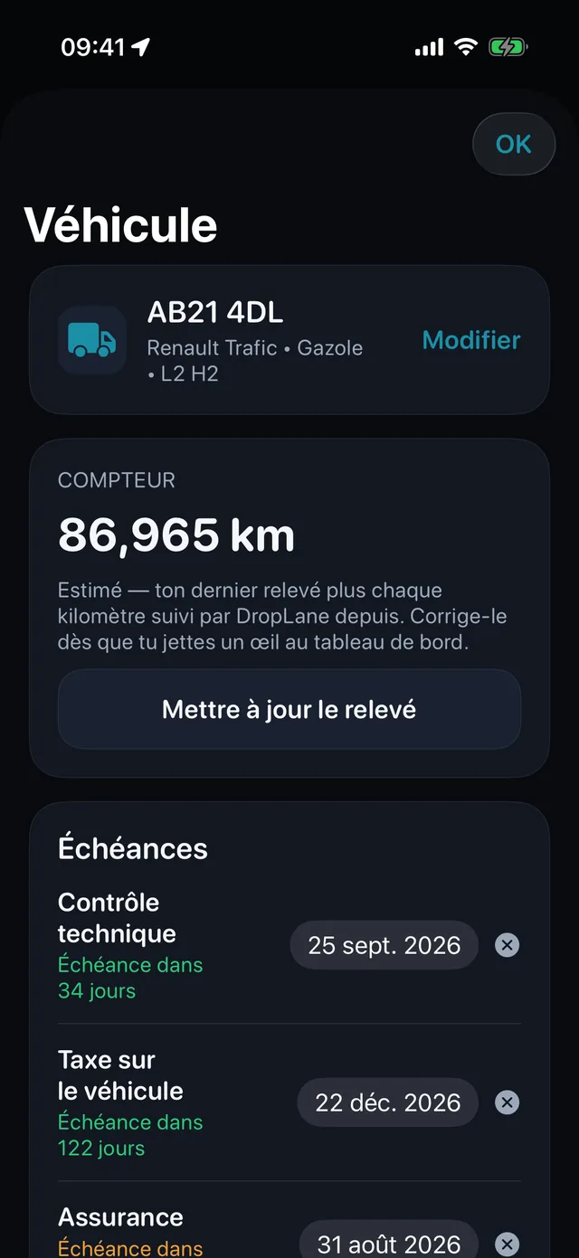 Véhicule — Contrôle technique, taxe et assurance, avant l'échéance.