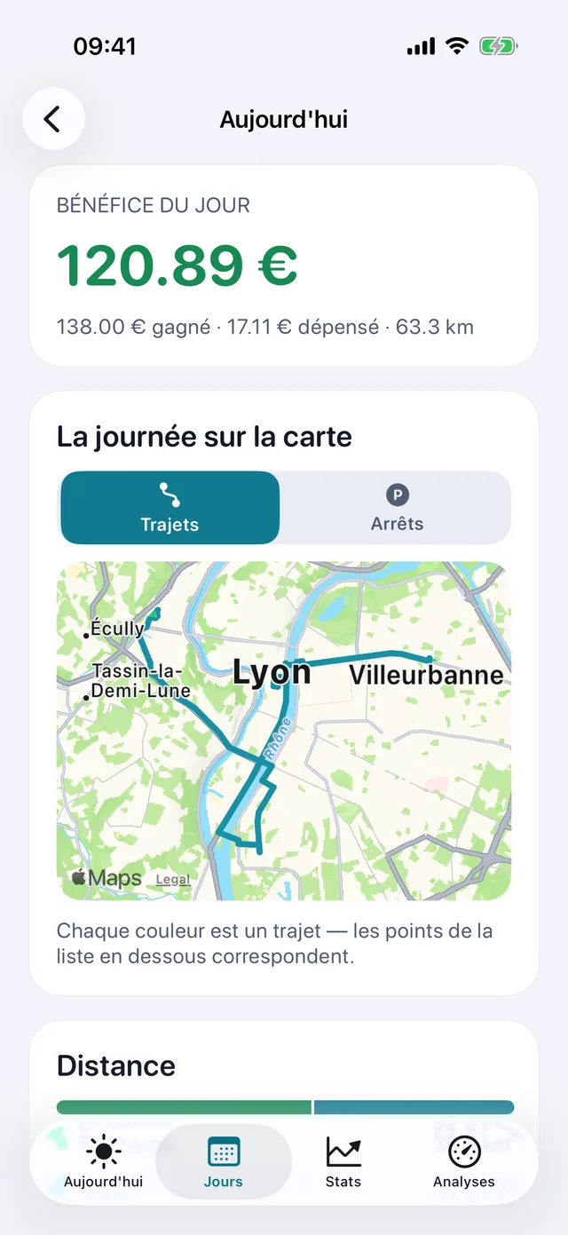 La journée sur la carte — Chaque couleur est un trajet.