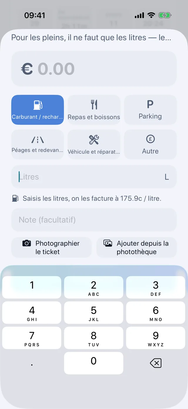 Frais — Carburant, repas, stationnement, péages.