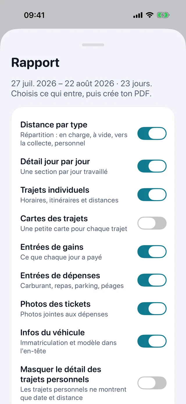 La fiche de rapport : interrupteurs pour trajets, recettes, frais et photos de reçus, puis le PDF.
