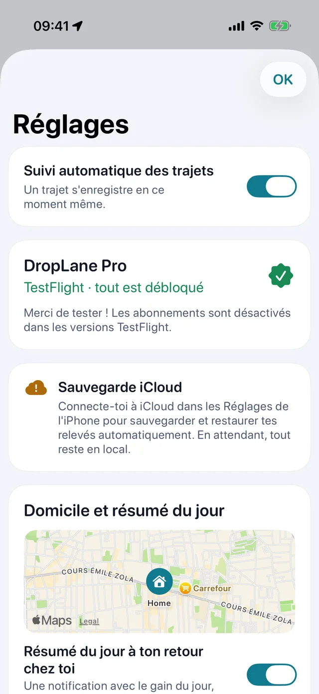 Réglages — Kilomètres ou miles. Clair ou sombre.