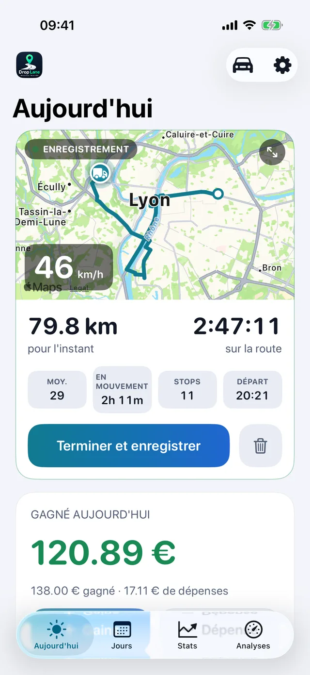L'écran Aujourd'hui de DropLane : un trajet en cours d'enregistrement sur la carte, avec la distance, les heures et les recettes du jour.