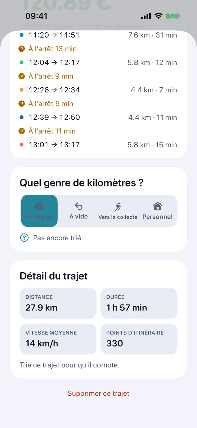 Trier un trajet — Professionnel, à vide, vers un enlèvement ou personnel.