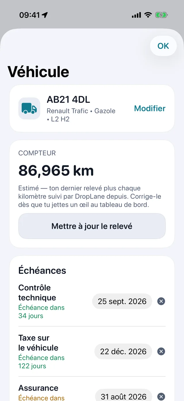 Véhicule — Contrôle technique, taxe et assurance, avant l'échéance.