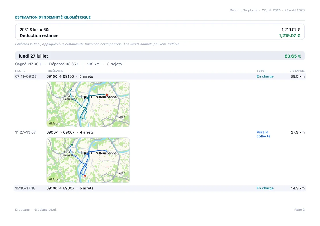 La première page d'un rapport DropLane en paysage, avec le tableau des trajets élargi.
