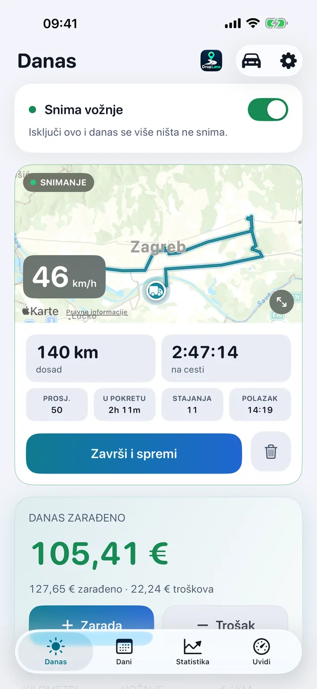 Zaslon Danas: vožnja koja se bilježi i današnja zarada.