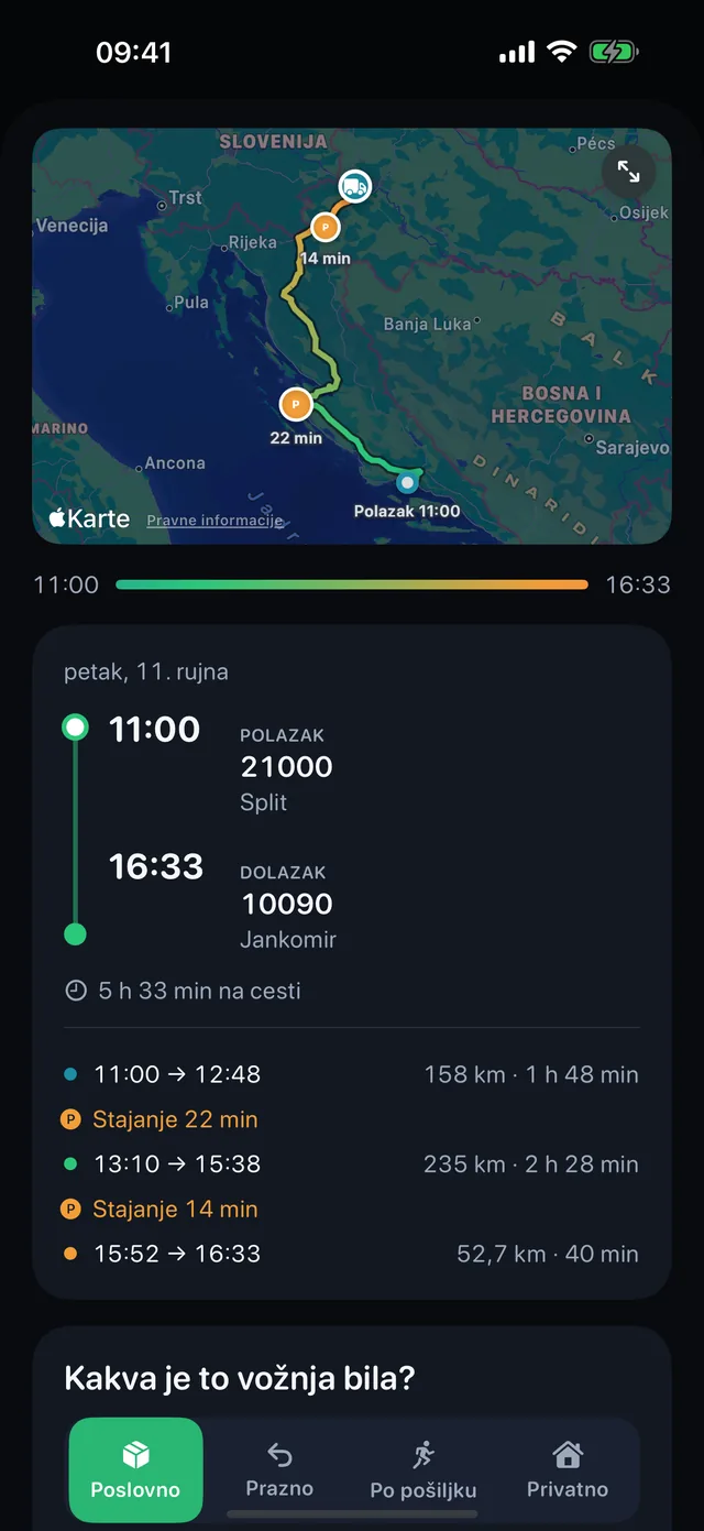 Vrsta vožnje — Poslovno, prazno, po robu ili privatno.