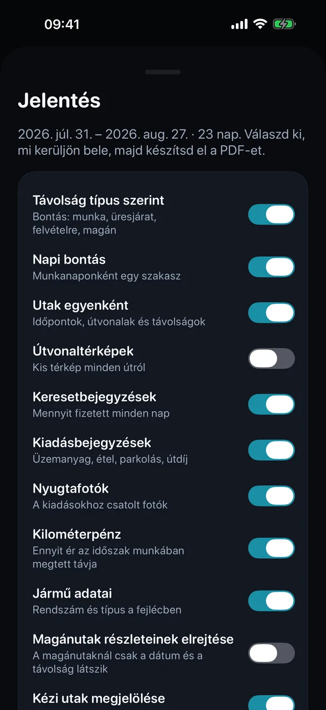 A jelentés magát építi — Pipáld ki, mi kerüljön bele, válassz álló vagy fekvő formát — és a PDF a könyvelőnek küldésre kész.