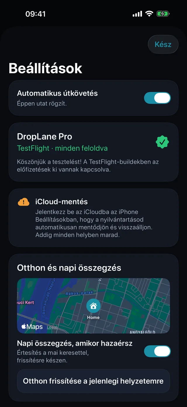 Beállítások — Kilométer vagy mérföld. Világos vagy sötét.