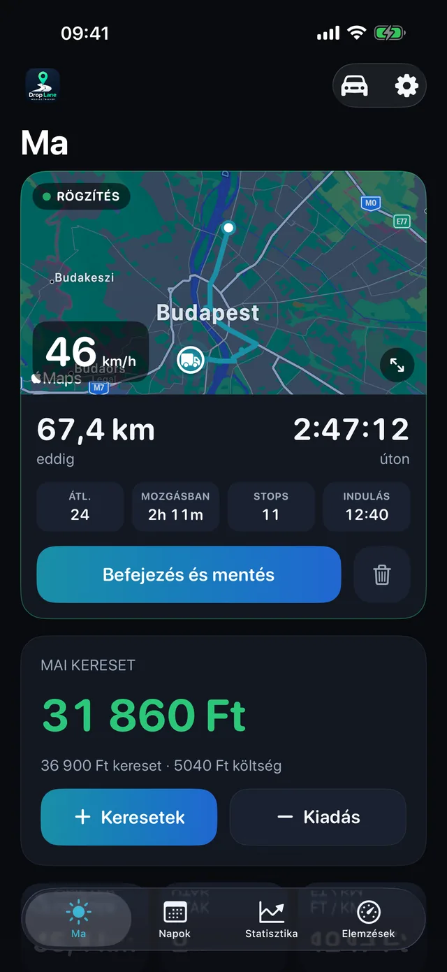 A DropLane Ma képernyője: egy út rögzítése a térképen, a nap távolságával, óráival és bevételével.