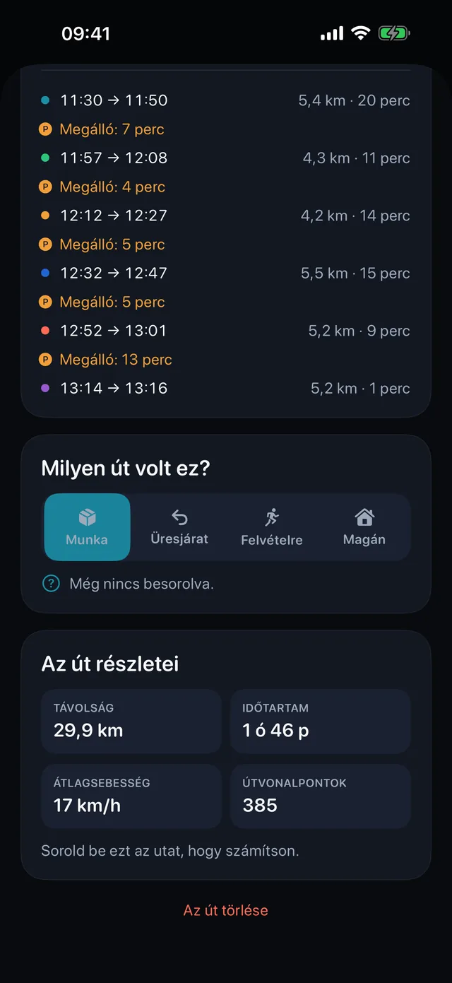 Út besorolása — Munka, üres, felvételre menet vagy magán.
