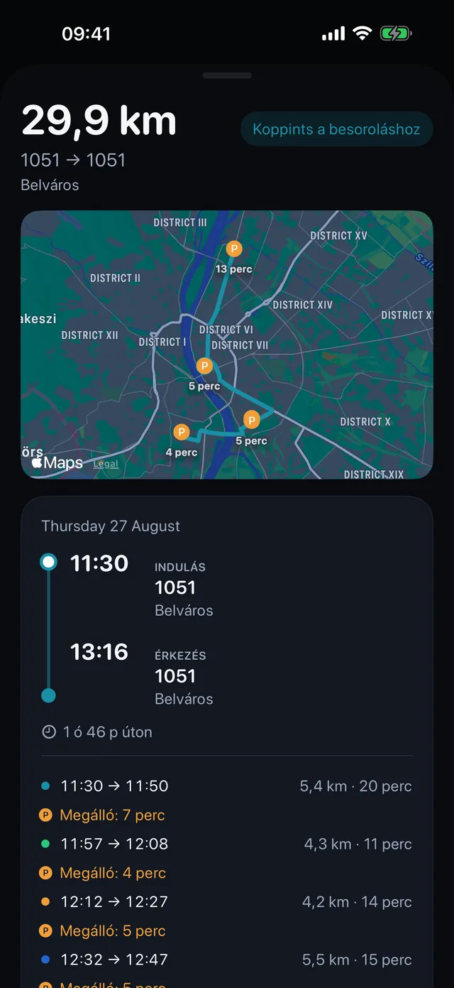 Egy út — Időpontok, megállók, és hogy milyen kilométerek.