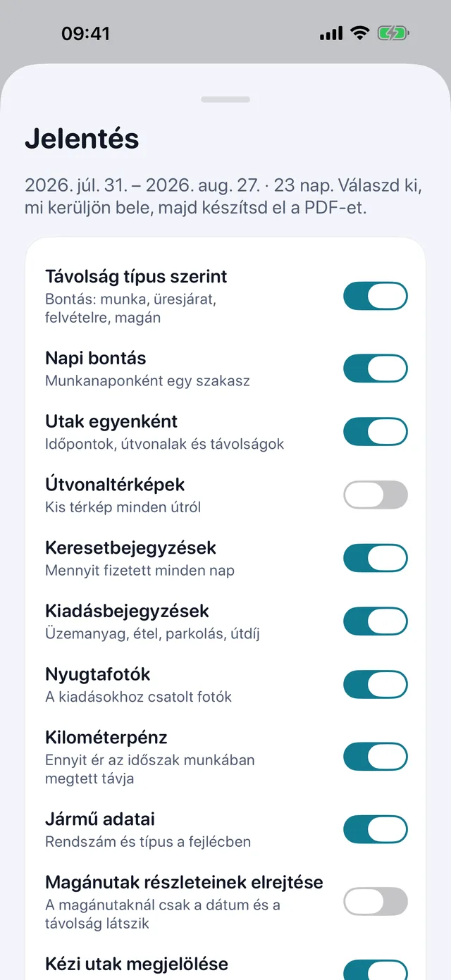 A jelentés magát építi — Pipáld ki, mi kerüljön bele, válassz álló vagy fekvő formát — és a PDF a könyvelőnek küldésre kész.