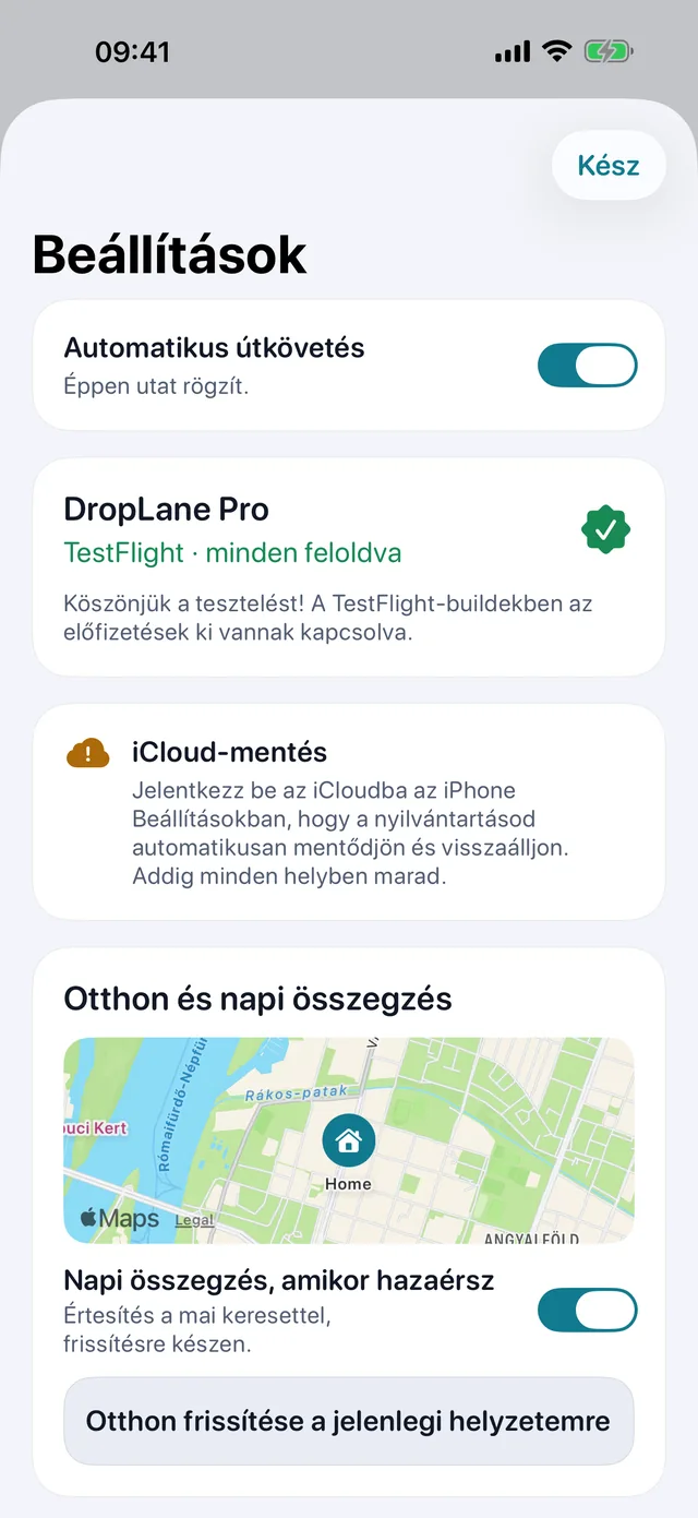 Beállítások — Kilométer vagy mérföld. Világos vagy sötét.