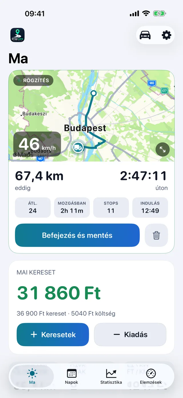 A DropLane Ma képernyője: egy út rögzítése a térképen, a nap távolságával, óráival és bevételével.