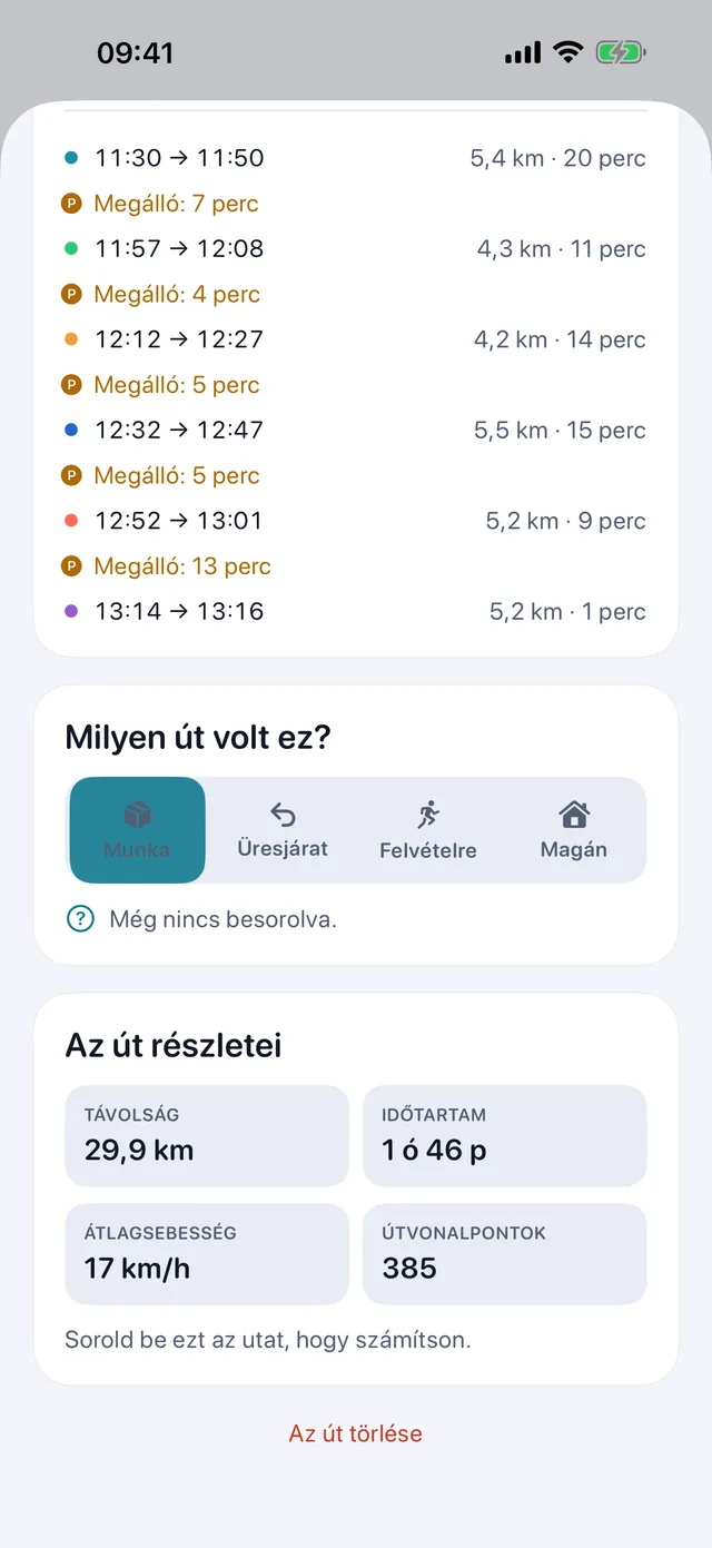 Út besorolása — Munka, üres, felvételre menet vagy magán.